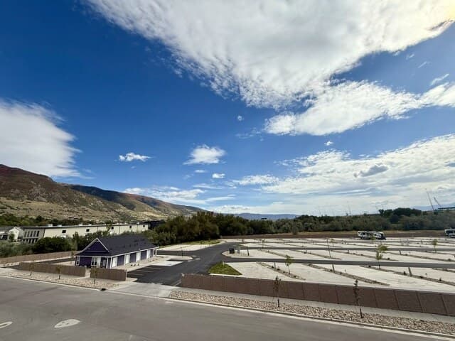 Overview of Spring Creek RV Resort with the restroom building and rows of RV sites