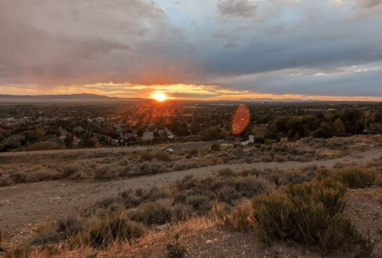 Scenic sunset view over Davis County from the Wasatch foothills near Farmington, Utah
