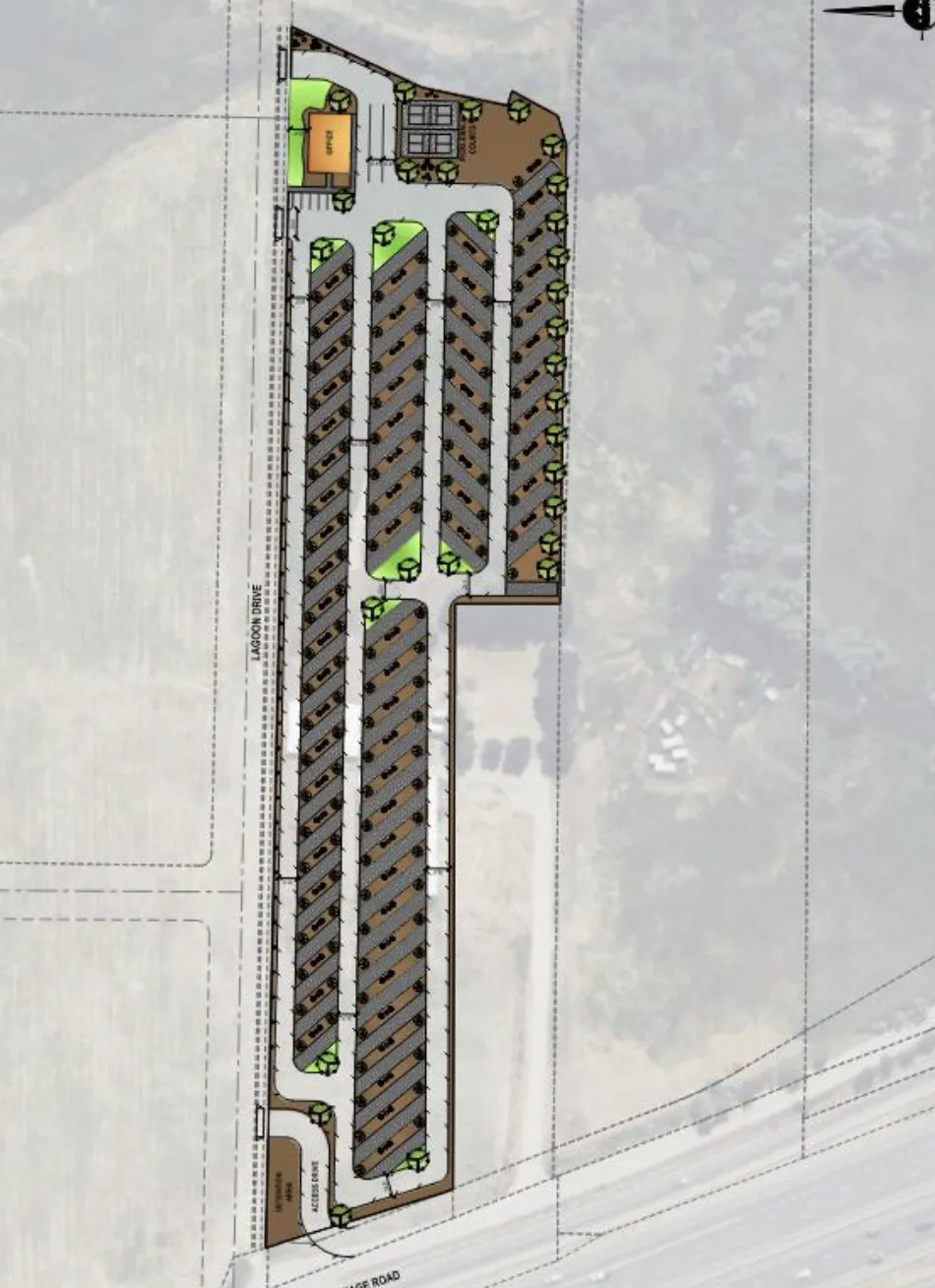Spring Creek RV Resort site plan — pull-through sites in upper loop, back-in sites in lower section, office and pickleball at north entrance